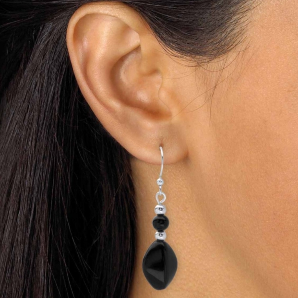 Black Cabochon Beaded Drop Earrings In Silvertone 178 17$